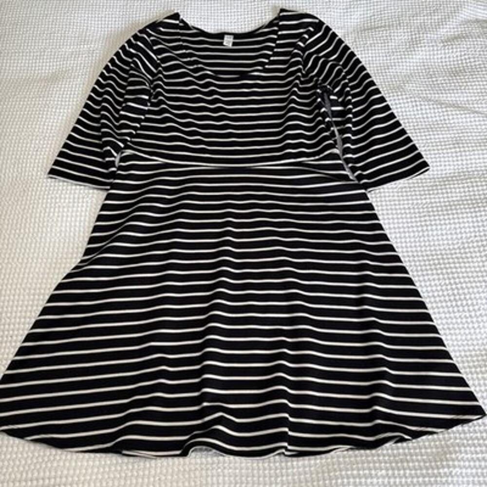 Old Navy Black White Stripe 3/4 Sleeve Dress Womens XL Stretch Comfort EUC